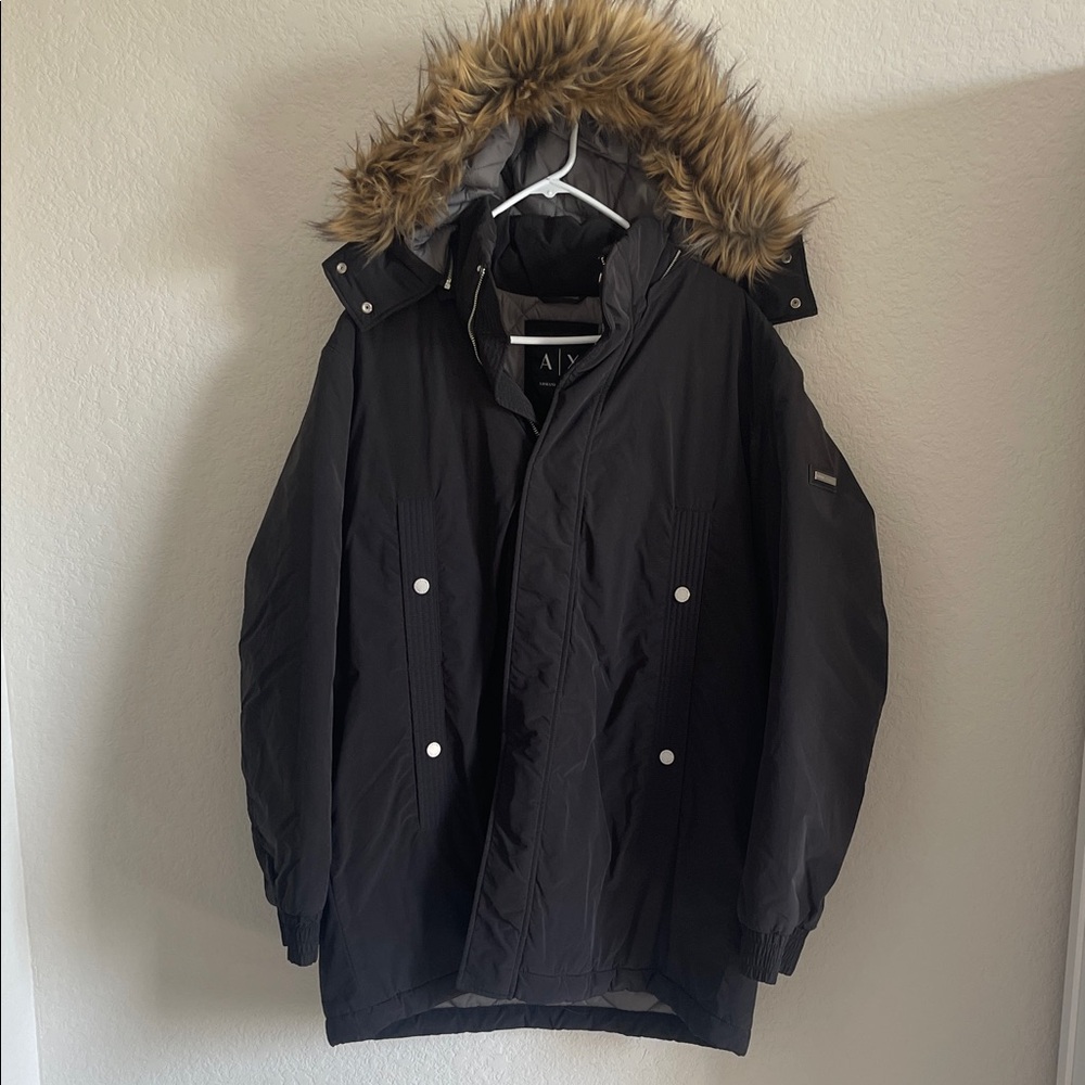 Armani Exchange Black Puffer Jacket with Faux Fur Hood